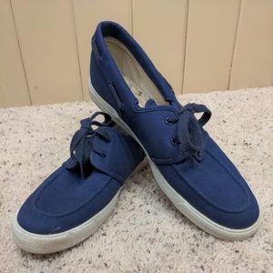 10 Men's Blue and White hang ten cotton canvas boat shoes lace rubber sole